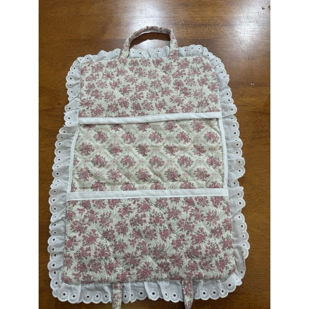 Handmade Cottagecore Quilted Floral Hanging Book Bible Holder Pocket Lace Trim